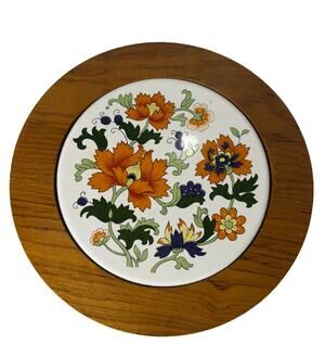 Vintage Dolphin Teakwood Ceramic Floral Tile Serving Tray 8.5” Thailand MCM